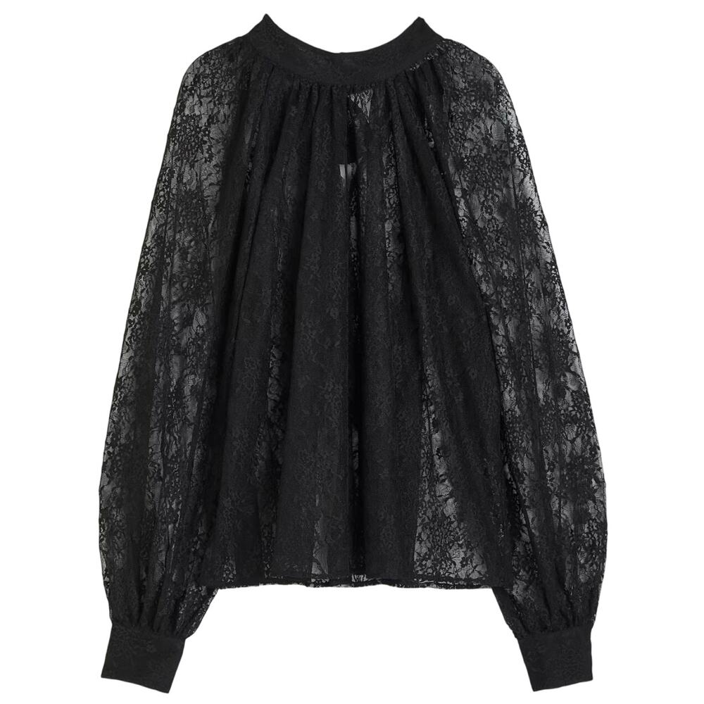 H&M Women's Tie-Neck Lace Blouse SZ XS Black Balloon Sleeve Dark Romantic